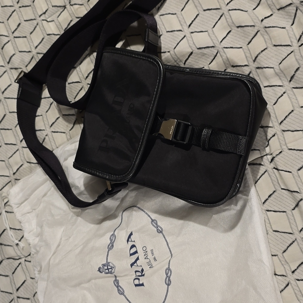 Prada Logo Tracolla Pattina Leather Nylon Crossbody Bag